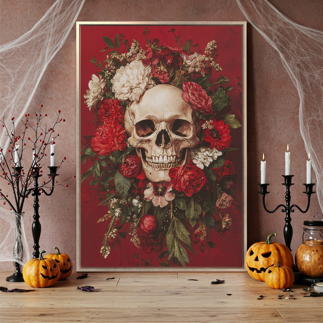 Framed Wall Art: Gothic skull floral print in red and cream. Spooky Halloween decor. Perfect for adding a unique touch to your home. Shop now!