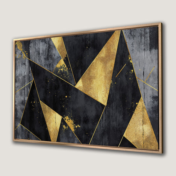 Framed Wall Art: Abstract geometric design in black, gray, and gold. Modern canvas print for a stylish interior.