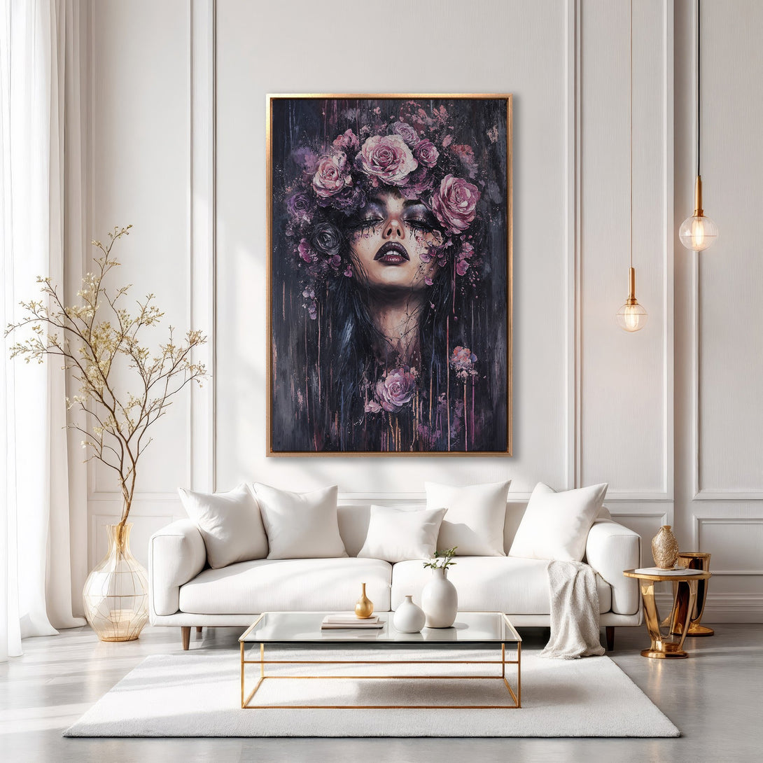 Framed Wall Art: Elegant portrait of a woman with floral crown, dark & moody style. Purple & black color palette. Perfect for modern home decor.