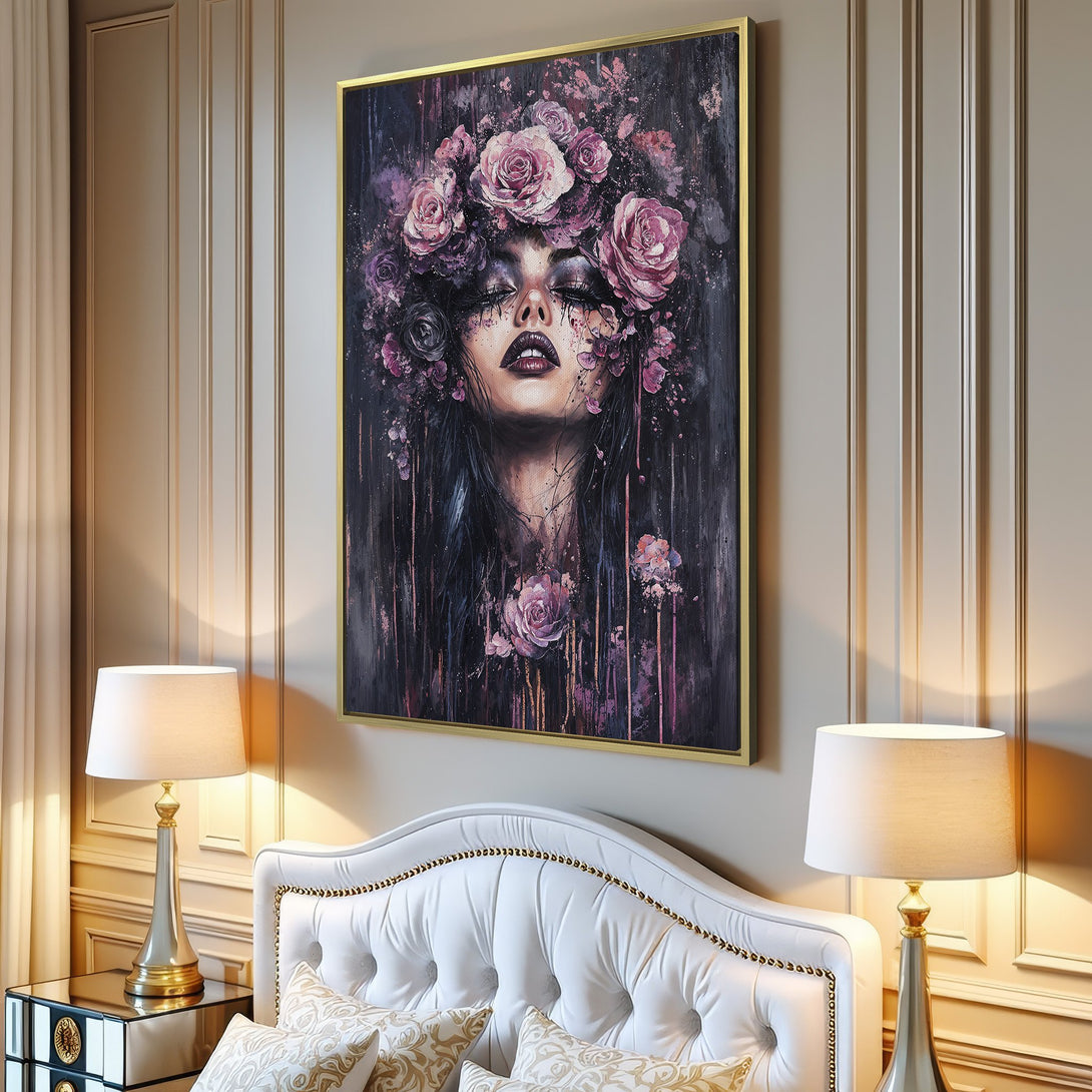Canvas Print: Floral portrait art in moody tones. Modern wall decor with a woman adorned with roses, perfect for any interior.