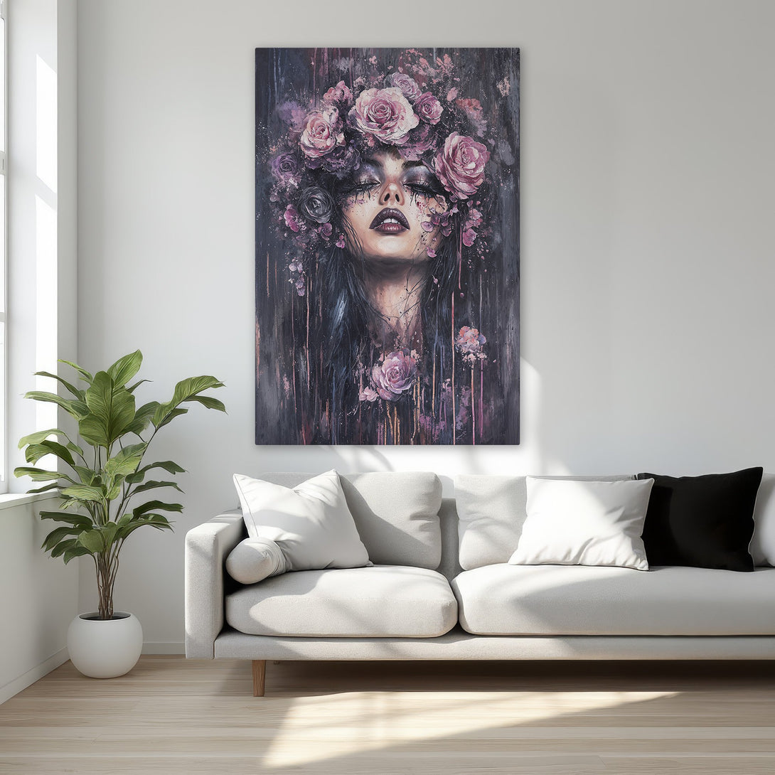 Framed Wall Art: Stunning portrait of a woman with floral crown, in a dark, moody style with purple and black tones. Elegant wall decor for your bedroom.