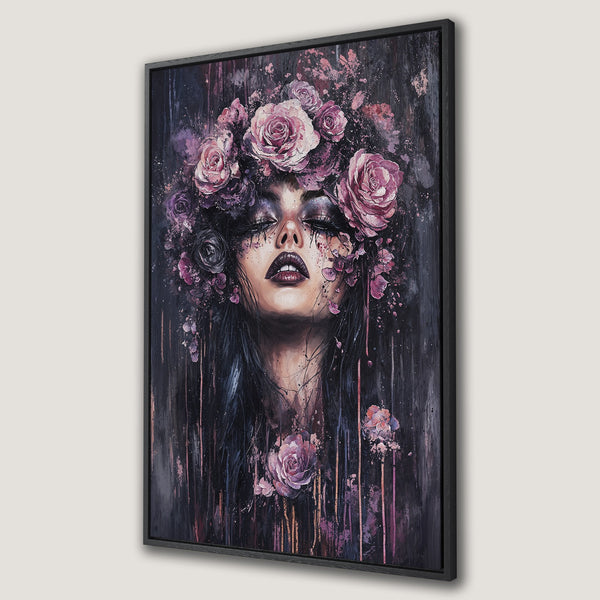 Framed Wall Art: Portrait of a woman with a floral crown. Dark, moody artwork with a purple and pink color palette. Perfect for adding a touch of elegance.