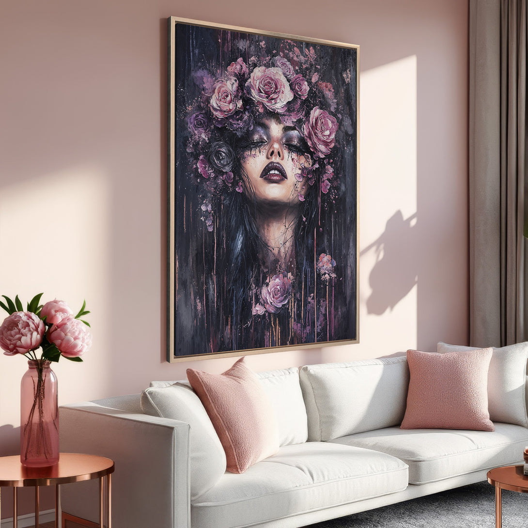 Framed Wall Art: Stunning woman portrait with floral crown. Dark, moody style in purple and pink hues. Perfect for modern home decor.