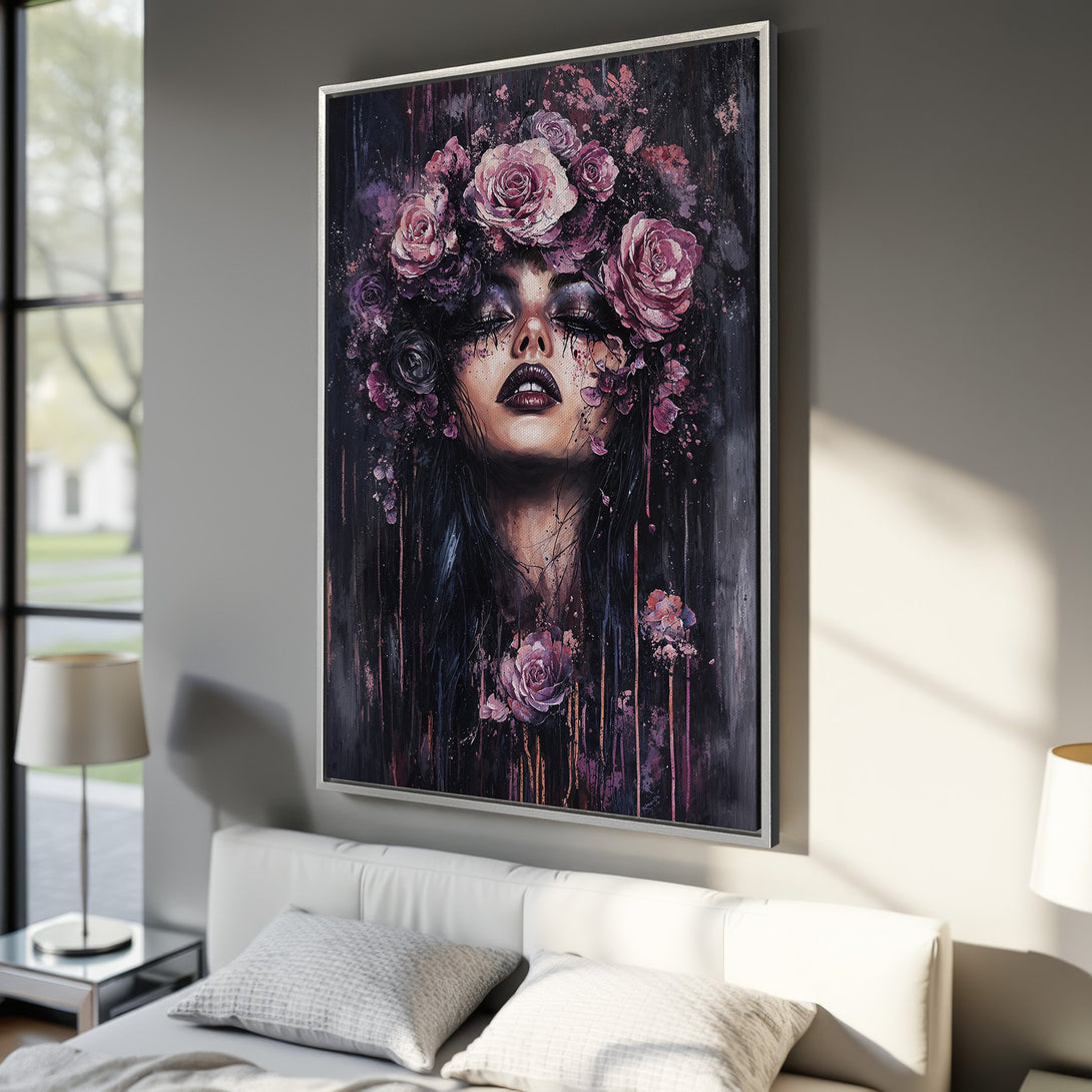 Framed Wall Art featuring a woman with a floral crown, in a dark, moody style with a purple and pink color palette, perfect for bedroom decor.