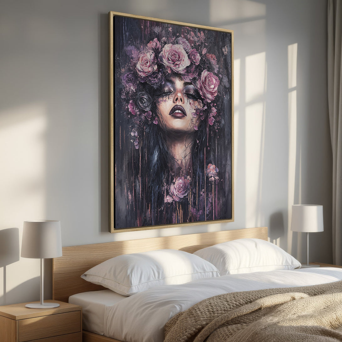 Framed Wall Art: Ethereal portrait of a woman with floral crown in a bedroom. Dark, moody color palette with pops of pink & purple. Elevate your space!