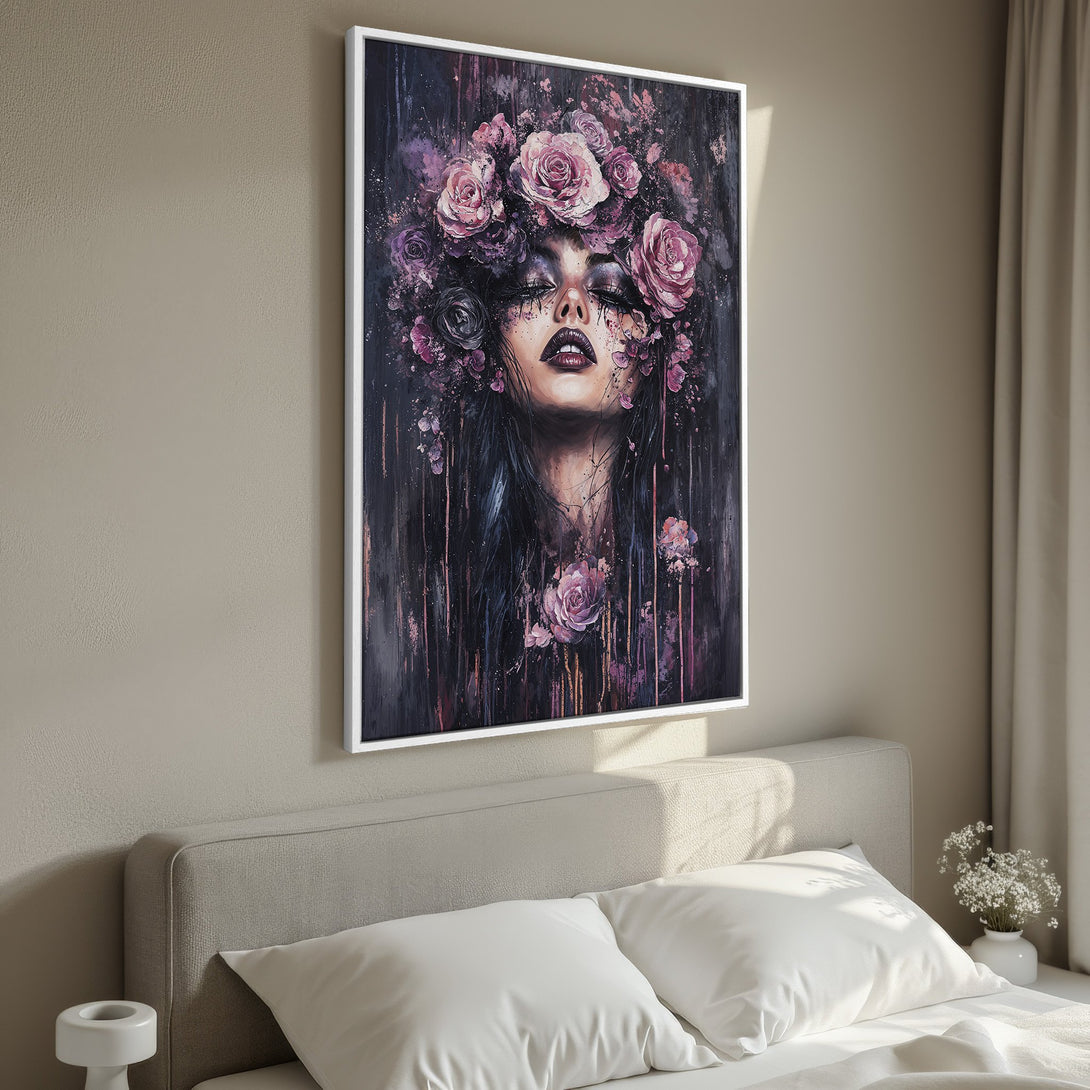 Framed Wall Art: Stunning portrait of a woman with floral crown, in a moody, dark color palette. Perfect for adding a touch of elegance to any room.