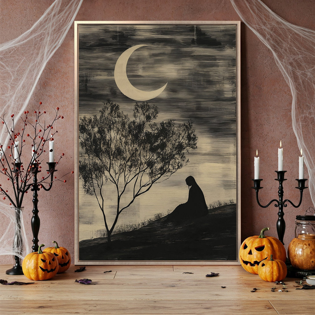 Framed Wall Art: Moody black & white landscape Canvas Print with crescent moon. Perfect for Halloween decor, adds a touch of mystery and elegance to any space.