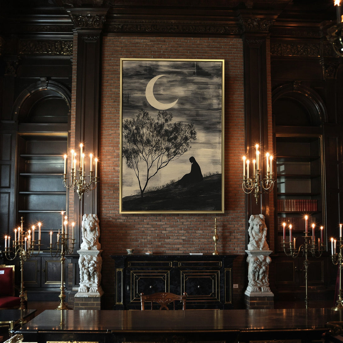 Canvas Print: Silhouette art with moon & tree. Black & beige palette. Perfect for Halloween decor or gothic home. Shop now!