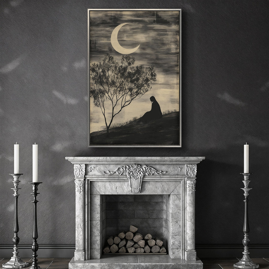 Framed Wall Art featuring a serene landscape with a crescent moon, tree, and figure. Monochrome color palette, perfect for adding a touch of elegance to any space.