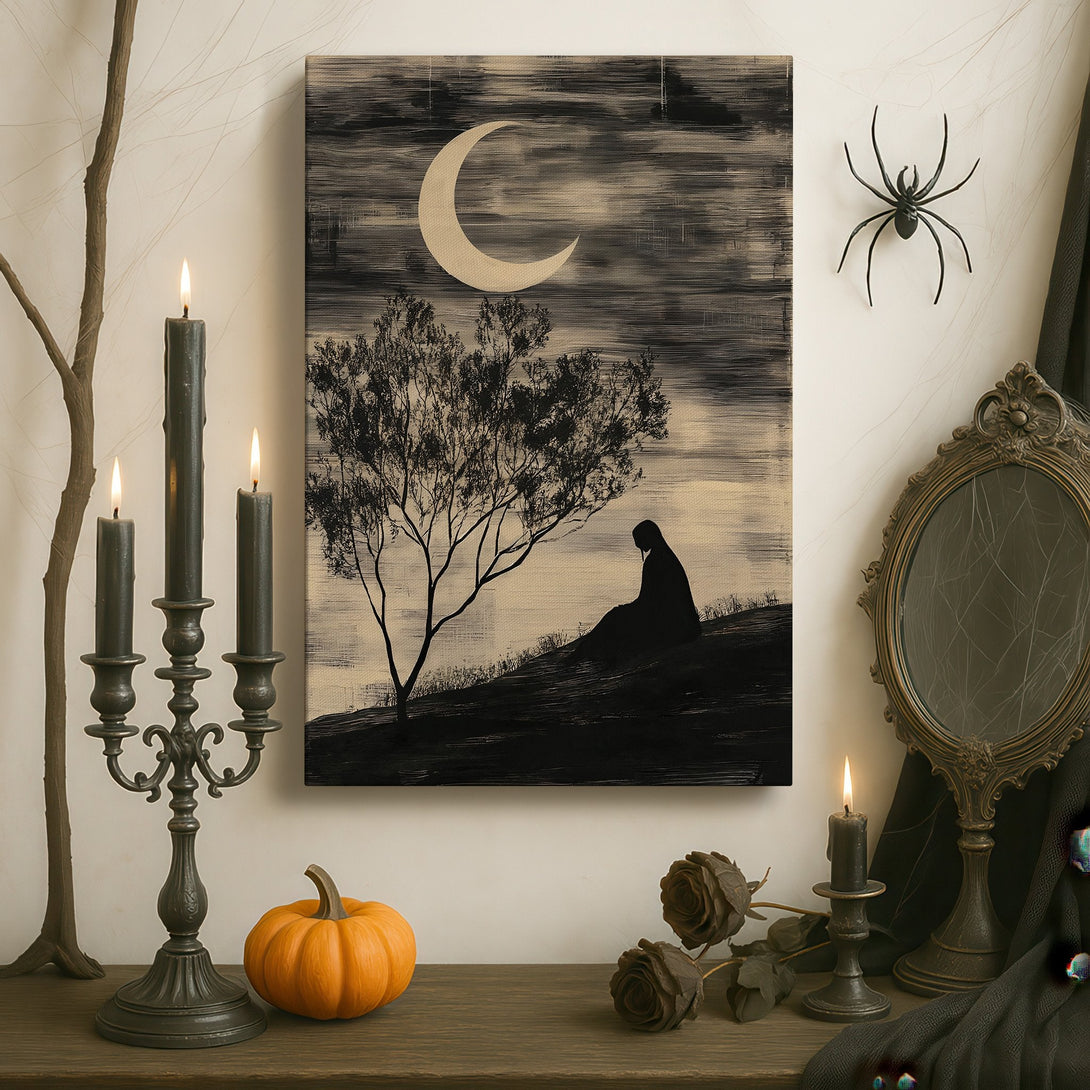 Framed Wall Art featuring a serene moonlit scene in black and beige tones, perfect for adding a touch of elegance to any space.