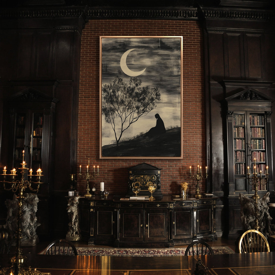 Framed Wall Art: Serene black and white landscape with a crescent moon and figure. Adds a touch of elegance to any interior. Shop now!