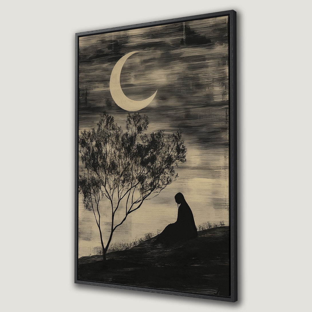 Framed Wall Art: Serene night scene with a crescent moon, tree, and figure. Black & beige color palette, minimalist style. Perfect for any space.