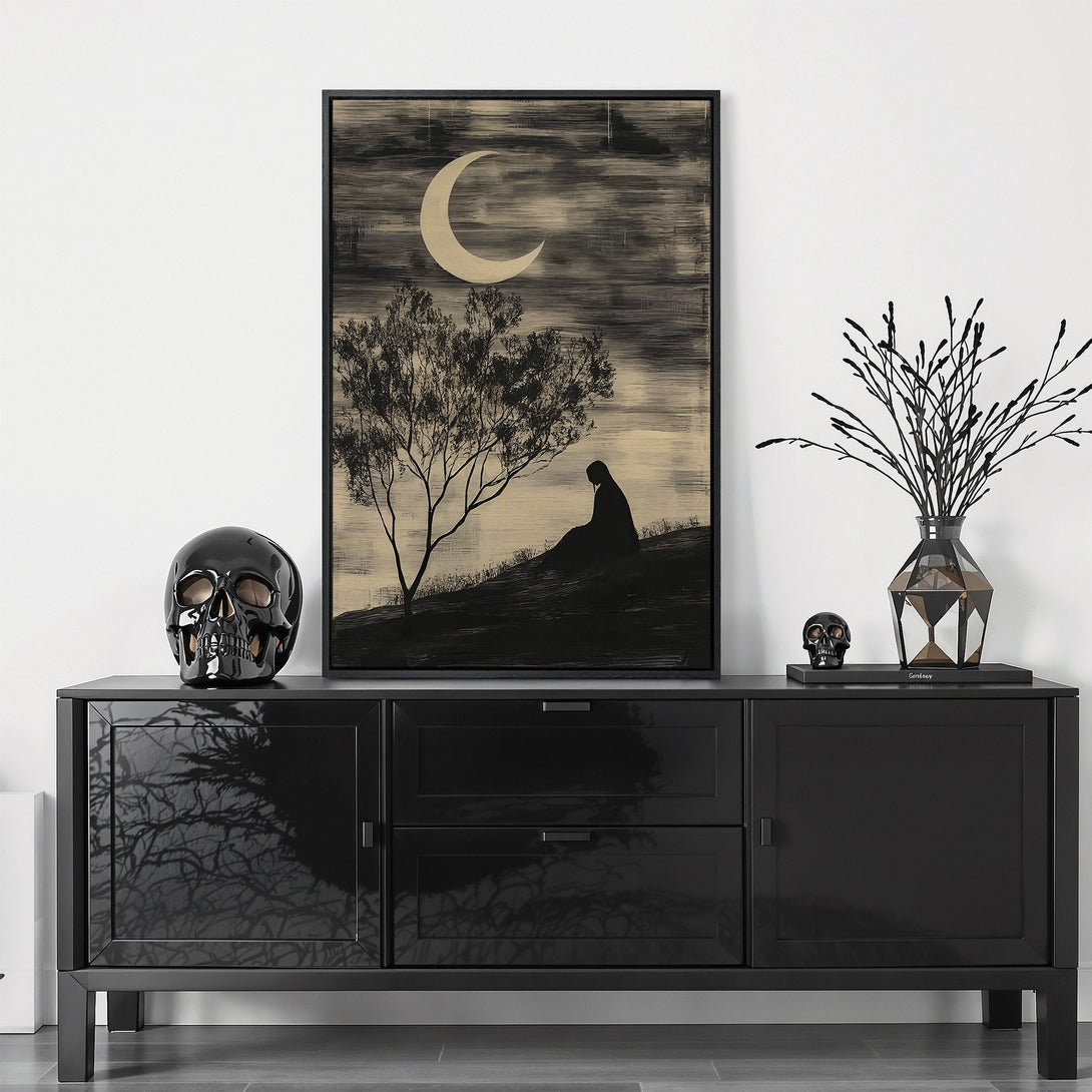 Framed Wall Art: Abstract landscape Canvas Print with a moon, tree, and figure. Moody black and beige color palette. Perfect for modern home decor.