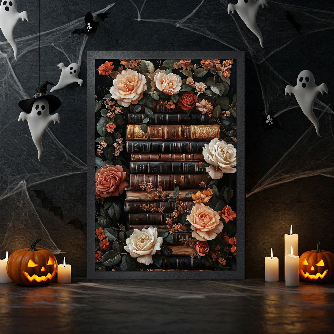 Framed Poster of floral art on books. Dark, moody style with orange, red, and cream tones. Perfect Halloween decor.