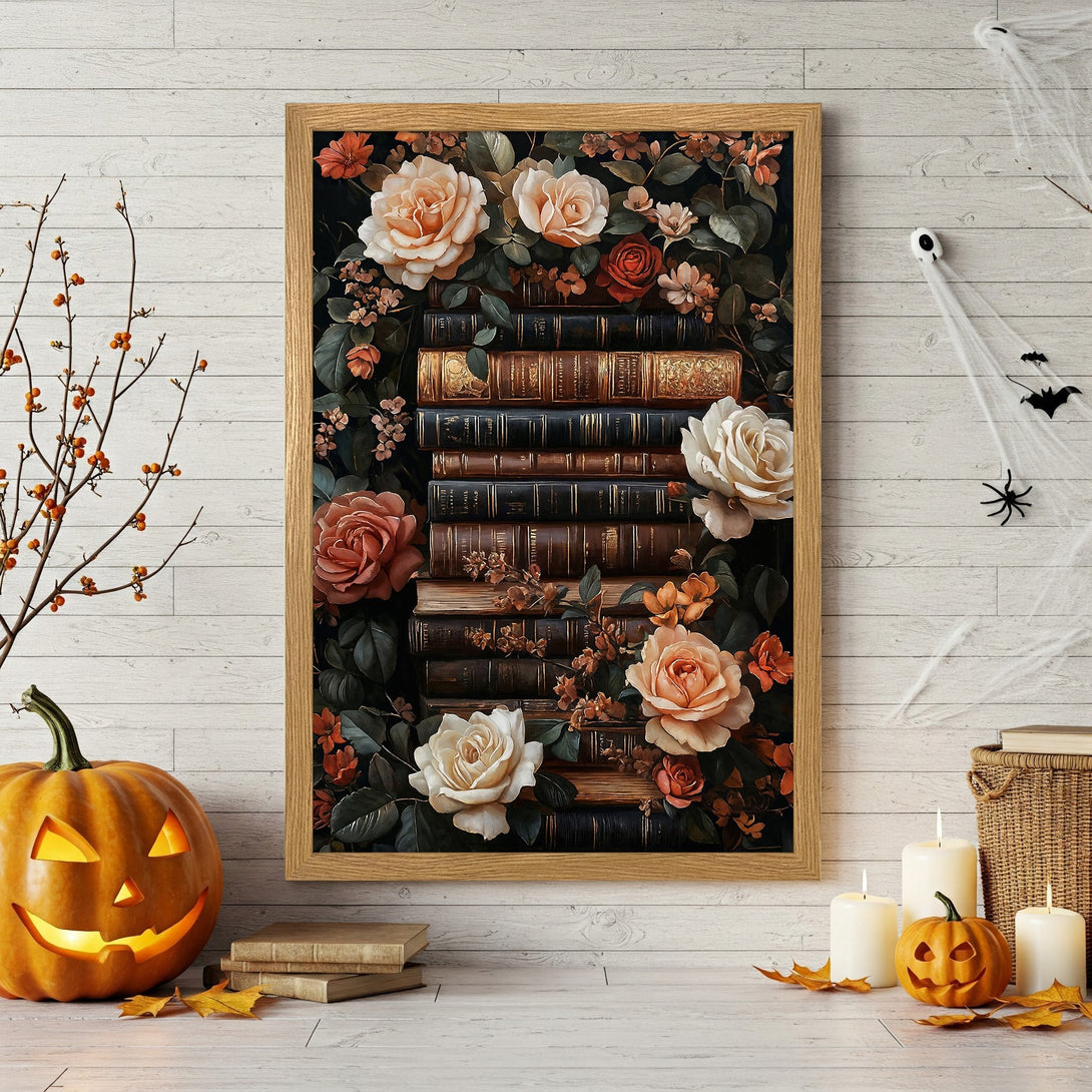 Framed Poster featuring stack of books and roses, vintage style, warm color palette perfect for Halloween decor.