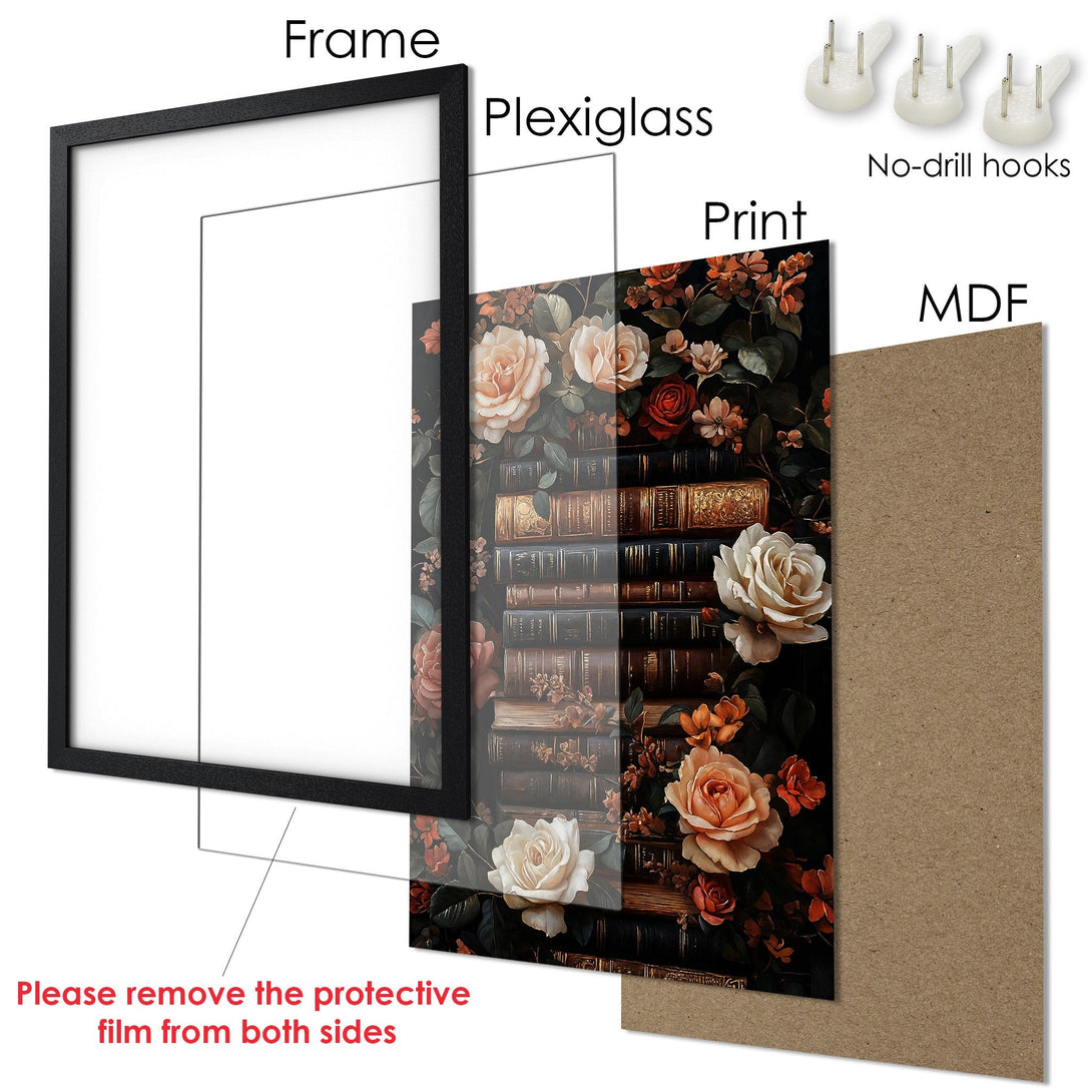 Framed Poster featuring floral and book art in a dark, vintage style with a warm, earthy color palette. Perfect wall decor!