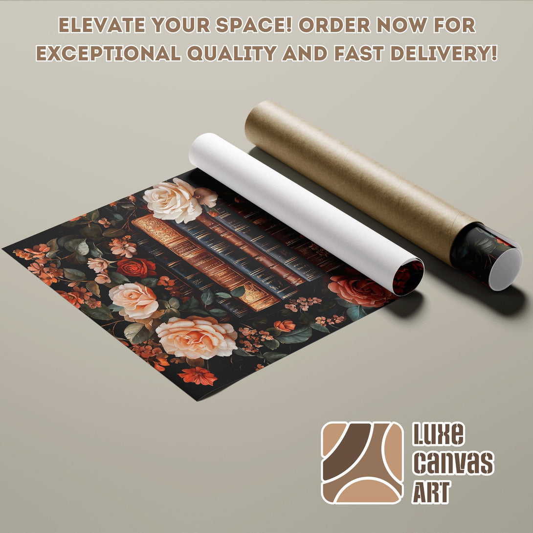 Poster Roll featuring a floral and book design in a dark, romantic style with a warm color palette. Order now!