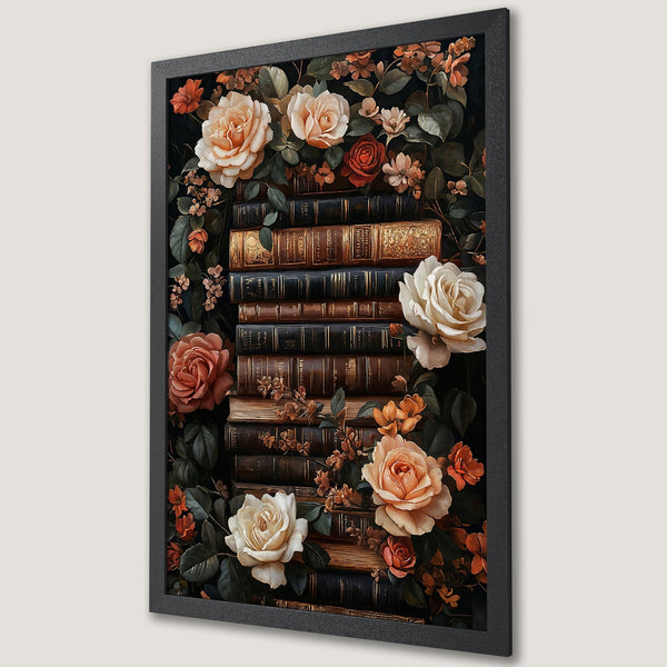 Framed Poster featuring a stack of vintage books with roses and floral accents, in a dark, romantic style with warm color tones.