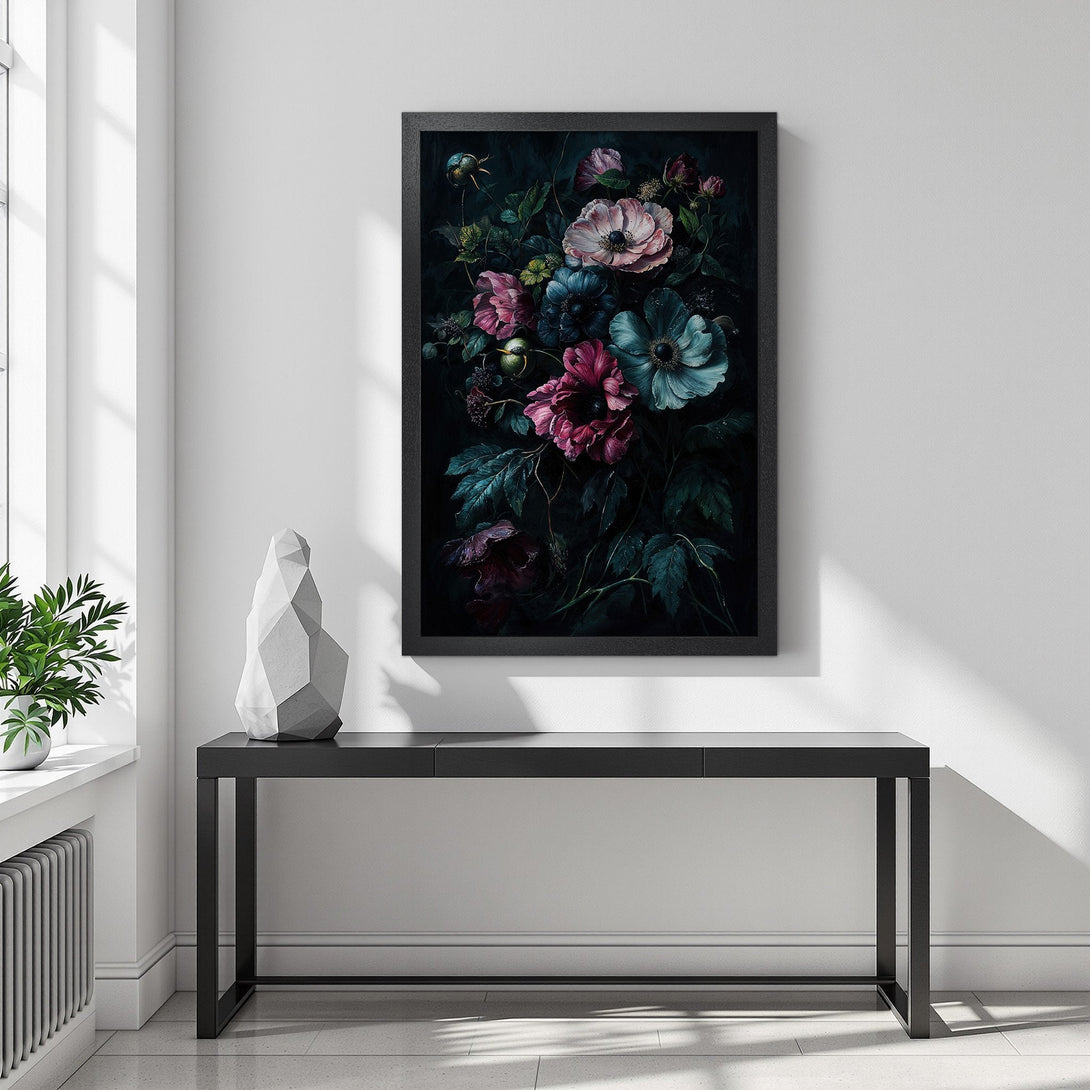 Framed Poster featuring a dark floral bouquet. Moody style with pink, teal, and deep green hues, perfect for adding elegance to any room.