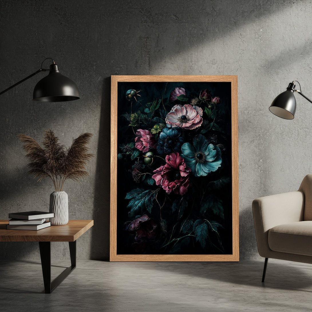Framed Poster featuring a floral art print in a dark, moody style with a jewel-toned color palette. Perfect wall decor.