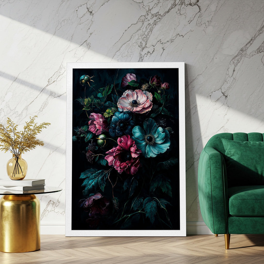 Framed Poster of vibrant floral art in a dark, moody style with a jewel-toned color palette. Perfect for adding elegance to your space.