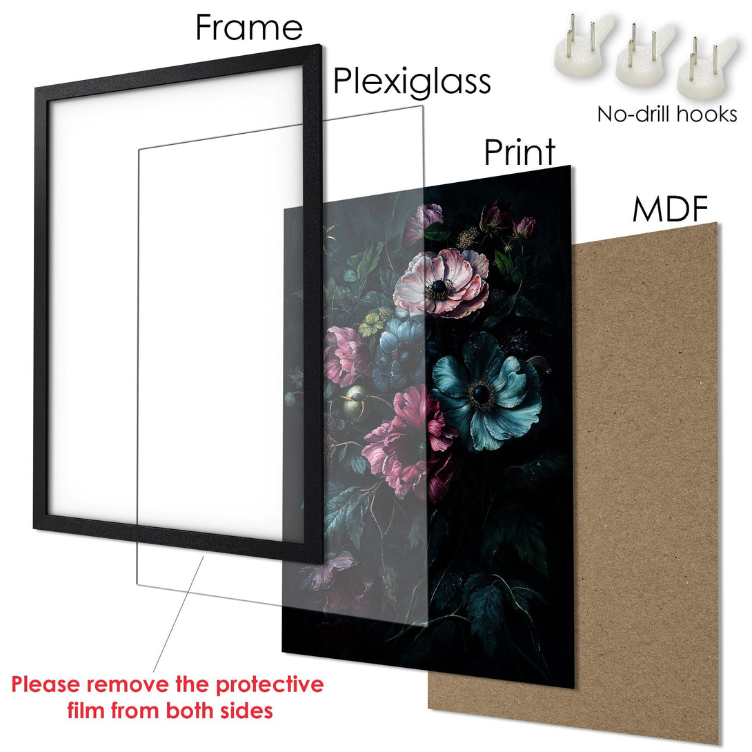 Framed Poster featuring a floral design in a dark, moody style with pink, blue, and green tones. Perfect wall art for your home!
