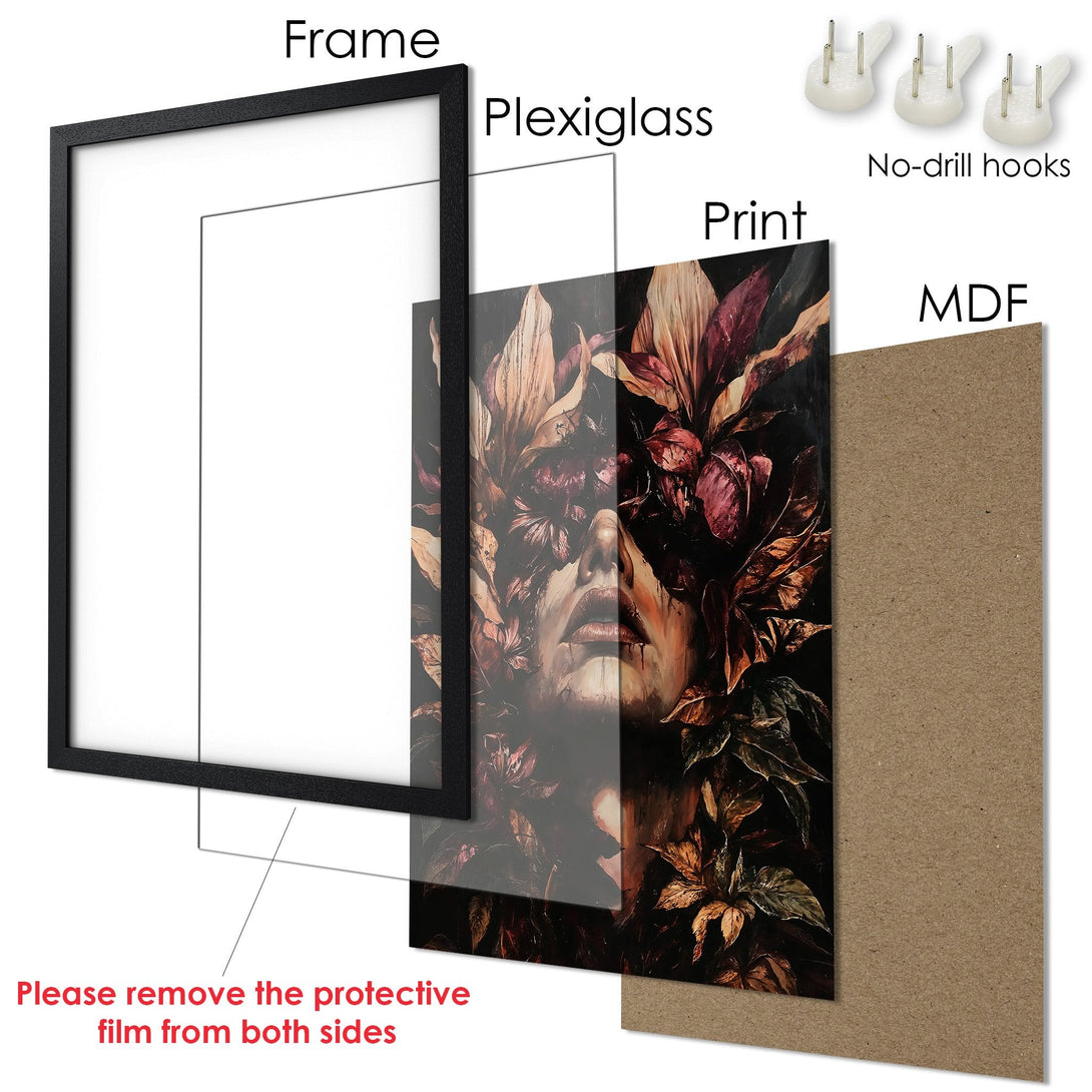 Framed Poster featuring a woman's face with floral elements, dark and moody color palette. Enhance your space with this art print!
