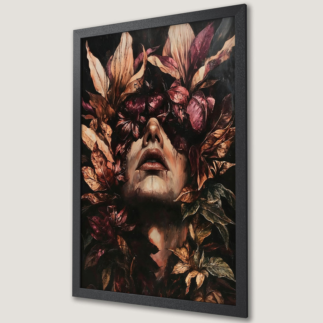 Framed Poster featuring a woman's face amidst lush, botanical artwork. Dark, moody style with a palette of deep reds, browns, and greens.