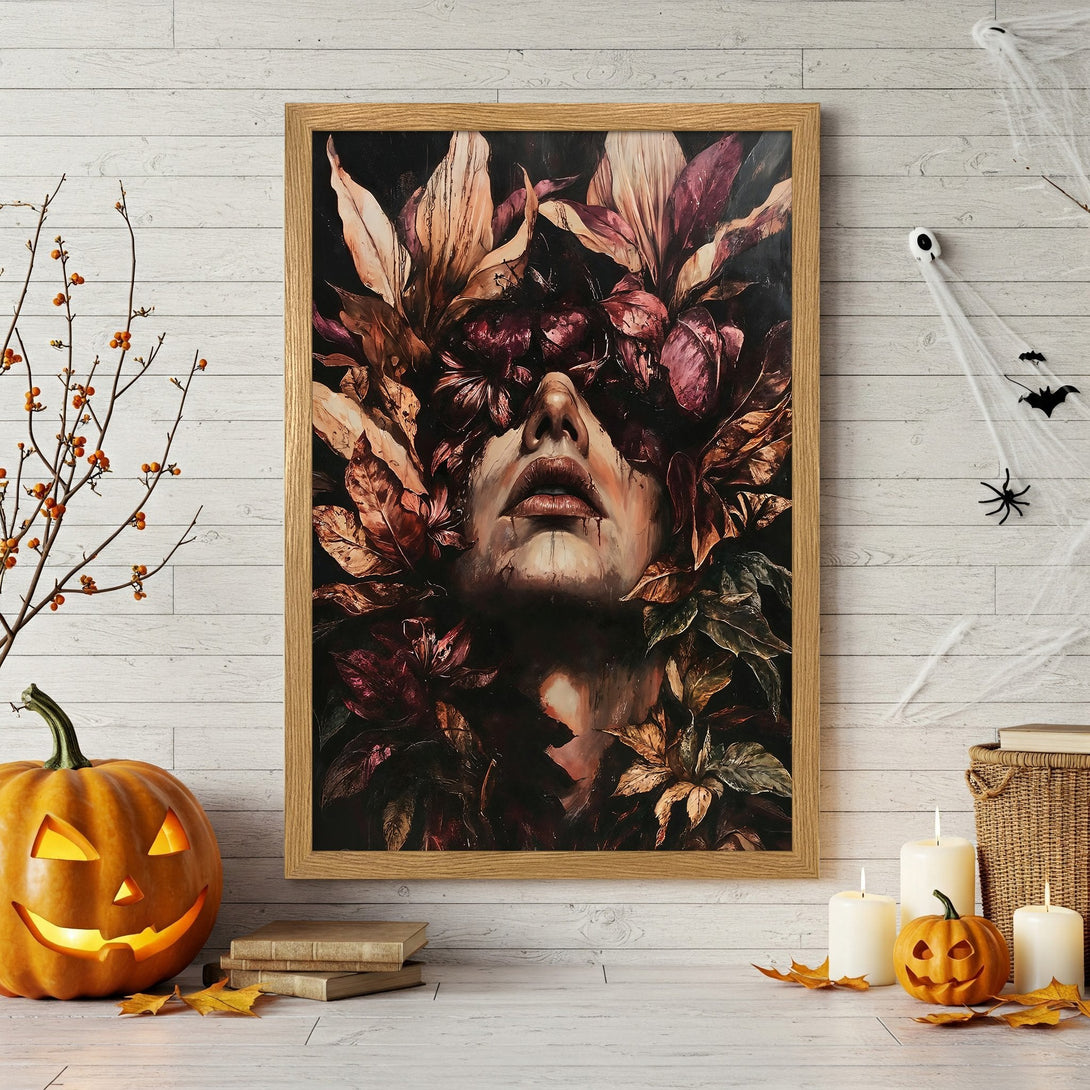Framed Poster featuring a woman's face amidst leaves, in a dark, moody style with a burgundy and brown color palette. Perfect Halloween decor.