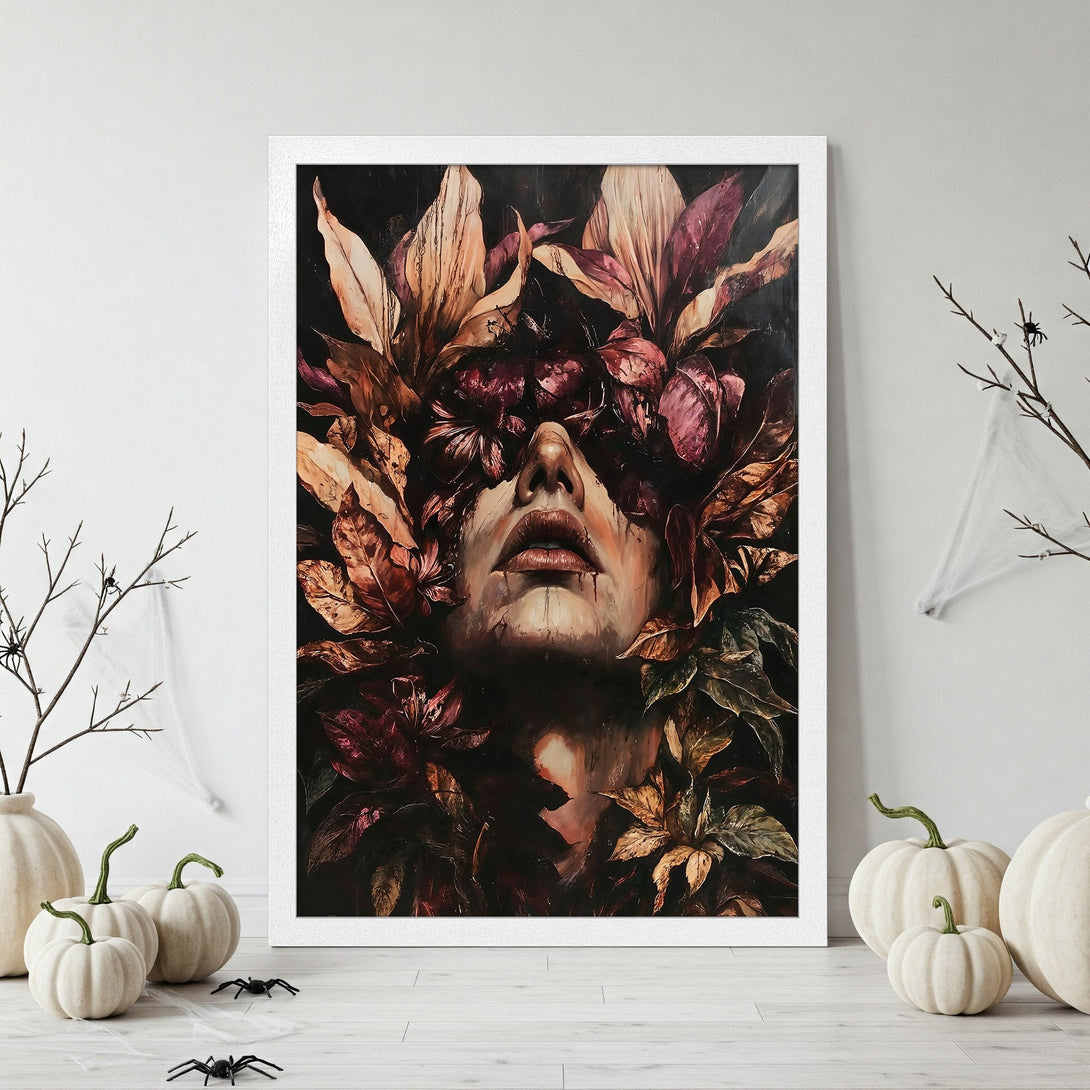 Framed Poster featuring a woman with floral elements, in a dark, moody style with a warm, autumnal color palette. Perfect for Halloween decor.