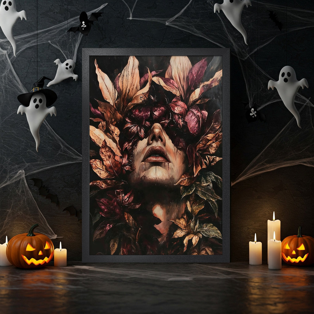 Framed Poster featuring a woman's face with floral elements, dark & moody style, rich burgundy & brown color palette. Perfect Halloween decor!
