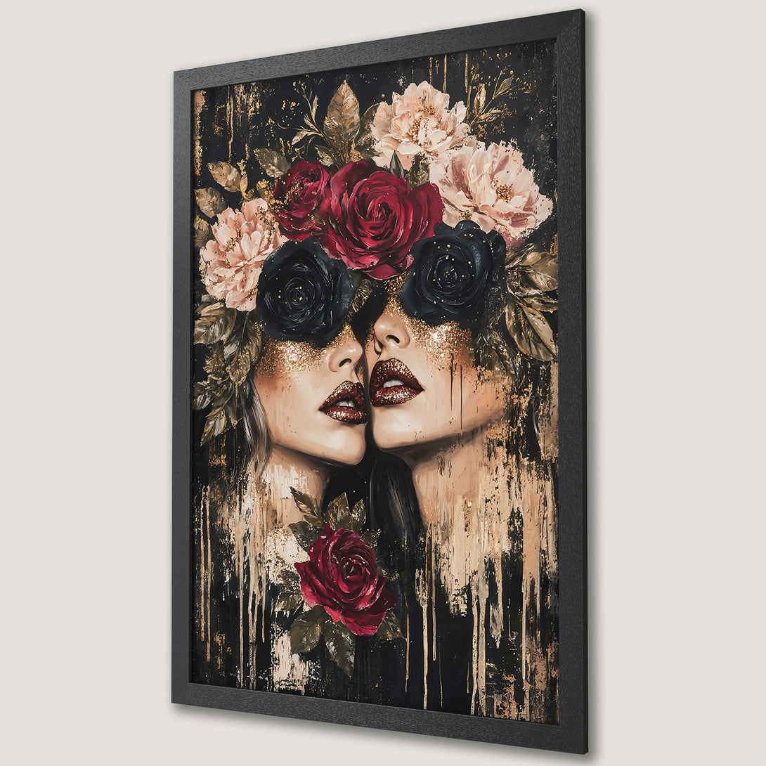 Framed Poster featuring two faces with floral headpieces, dark and gold color palette, artistic style. Perfect wall art.