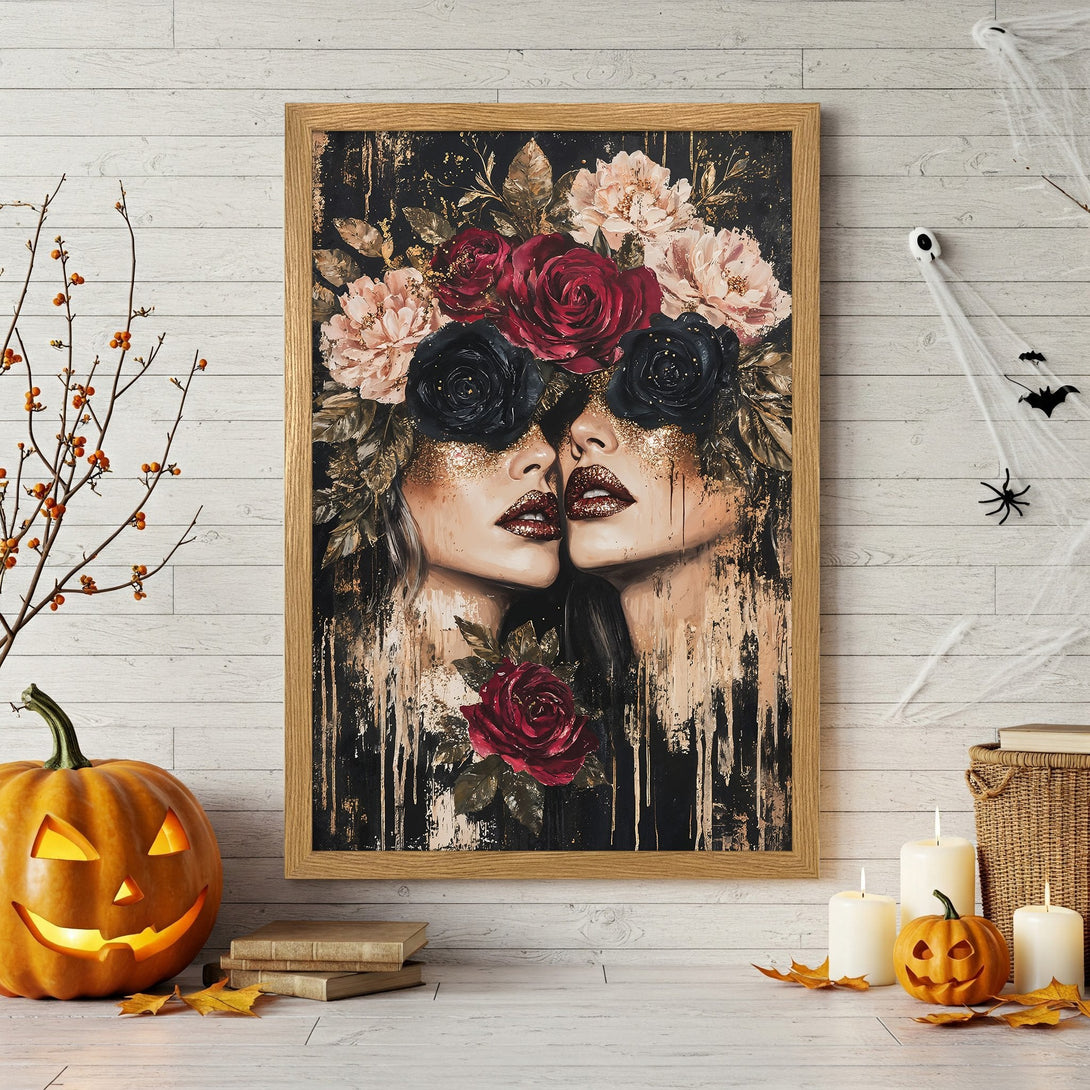 Framed Poster featuring two women with floral crowns, dark and gold color palette, perfect for Halloween decor.