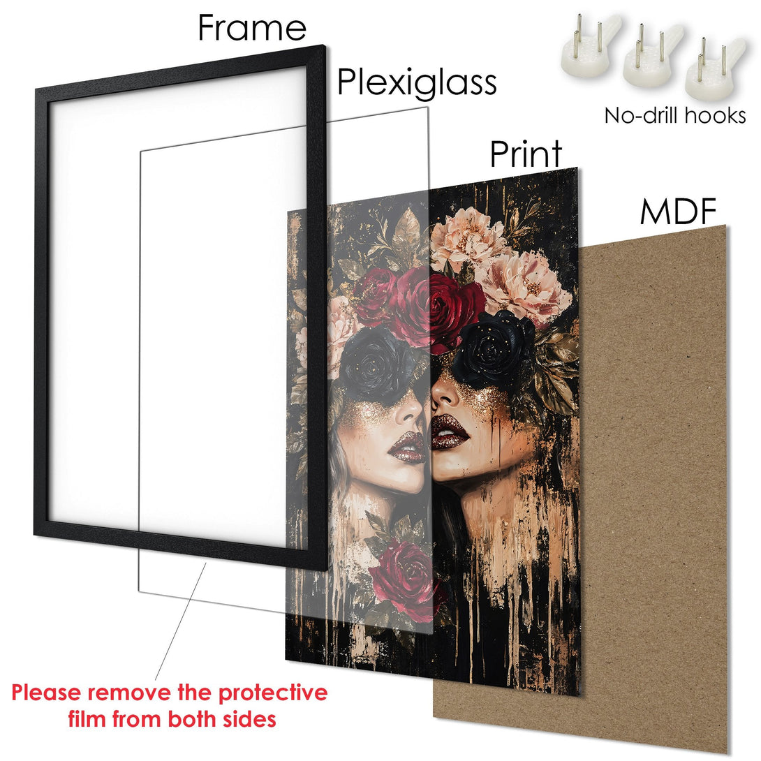 Framed Poster featuring a woman with floral crown, artistic style, and a black, gold, and red color palette. Perfect wall art!