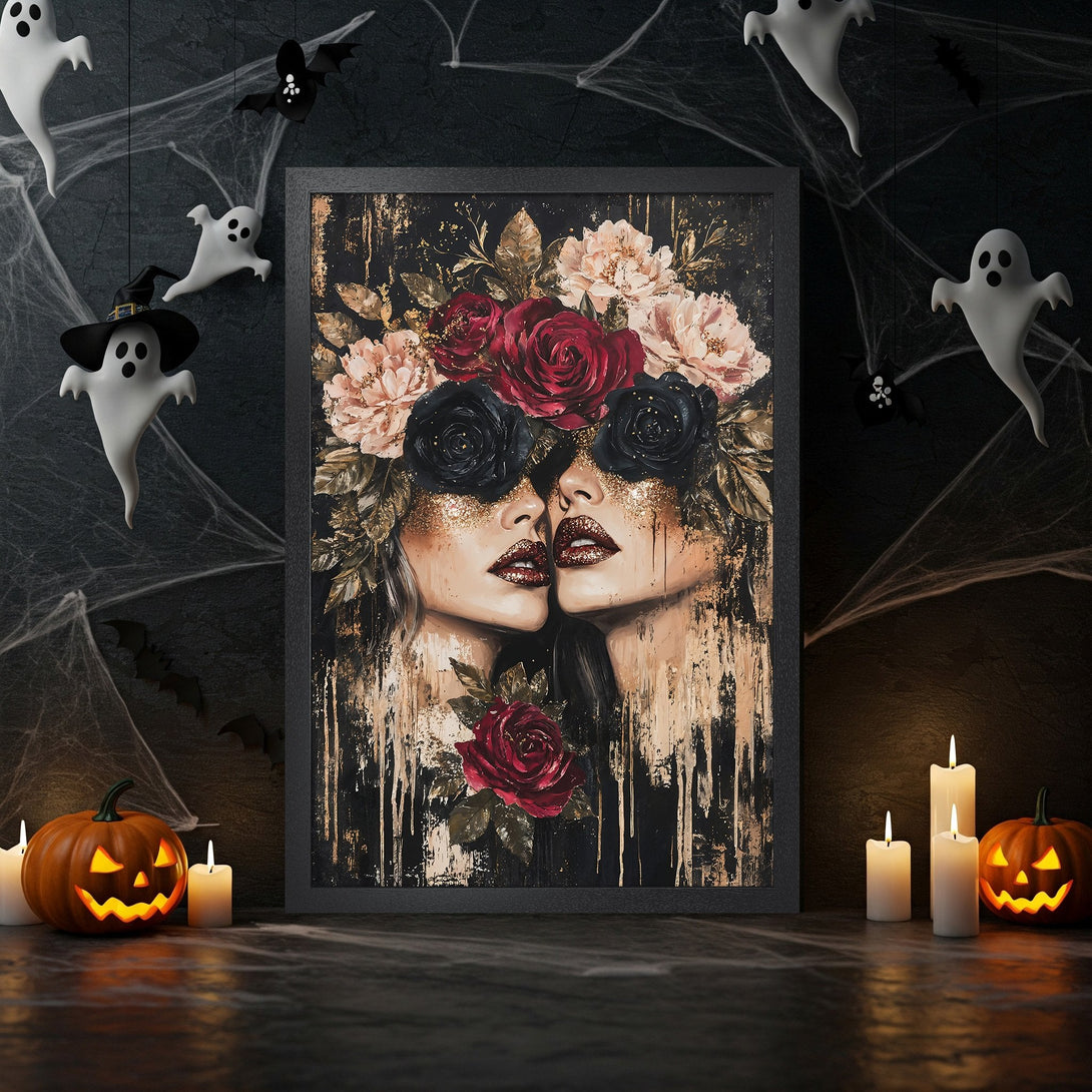 Framed Poster featuring a gothic woman with floral crown, in a dark, dramatic style. Color palette: black, gold, red, and blush. Perfect Halloween decor!