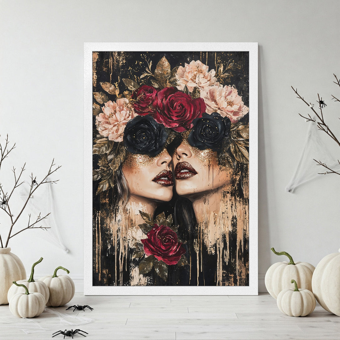 Framed Poster featuring two women with floral headpieces, dark and gold color palette, perfect for Halloween decor.