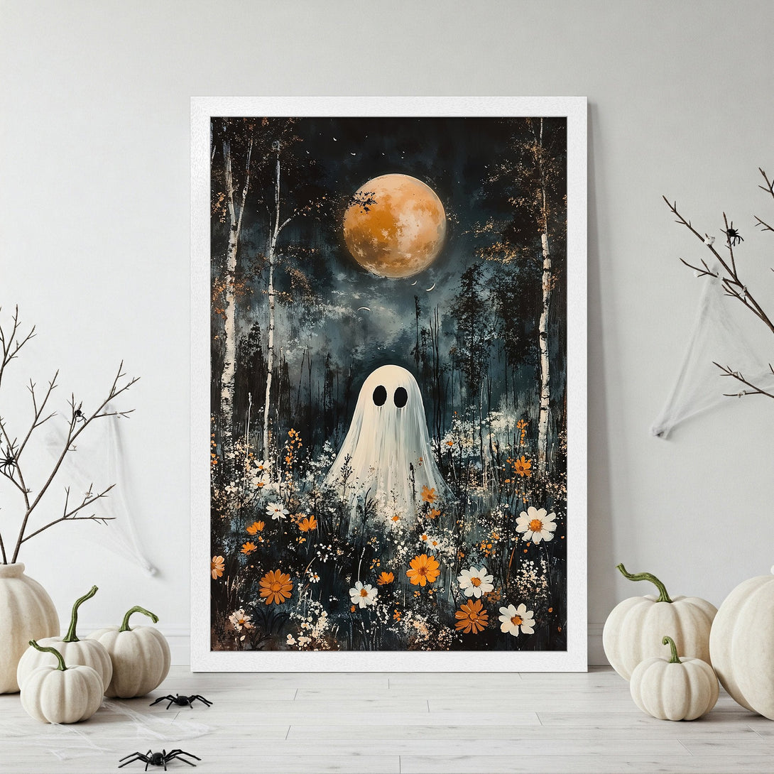 Framed Poster featuring a whimsical ghost in a moonlit forest scene. Artistic style with a dark, moody palette of blues, oranges, and whites. Perfect Halloween decor!