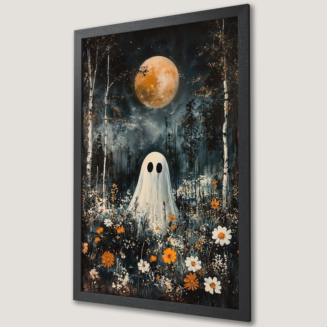 Framed Poster featuring a whimsical ghost in a moonlit forest. Dark, moody color palette with pops of orange and white flowers. Perfect Halloween decor!