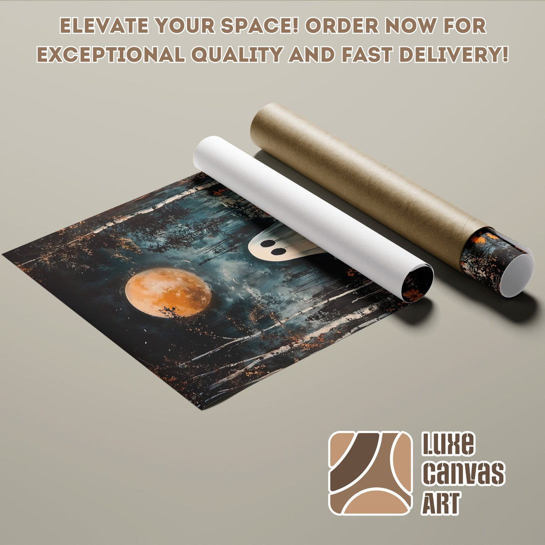 Poster Roll featuring a spooky moonlit forest scene, dark teal and orange palette. Order now!