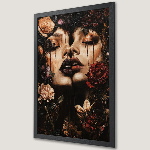 Framed Poster: Romantic art print of two faces with floral elements in a dark, moody color palette. Perfect wall decor!