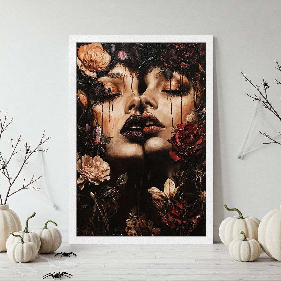 Framed Poster featuring two faces with floral elements, dark and moody style with a warm color palette. Perfect wall art.