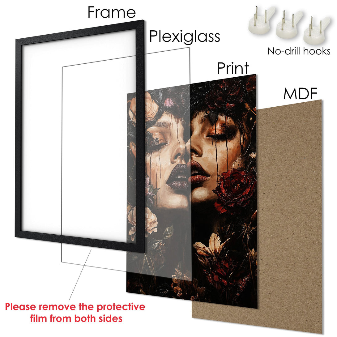 Framed Poster featuring a woman with floral elements, dark and moody style, rich red and brown color palette. Perfect wall art!