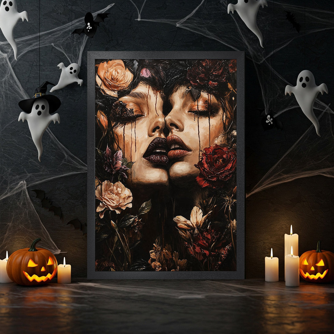 Framed Poster featuring a haunting portrait with floral elements, dark & moody color palette, perfect for Halloween decor.