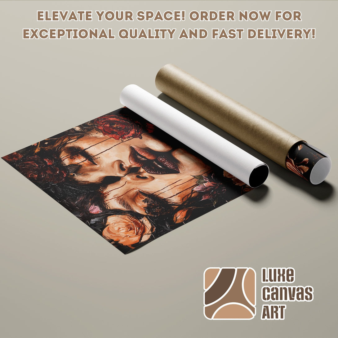 Poster Roll featuring a woman with flowers, dark and warm color palette, artistic style.