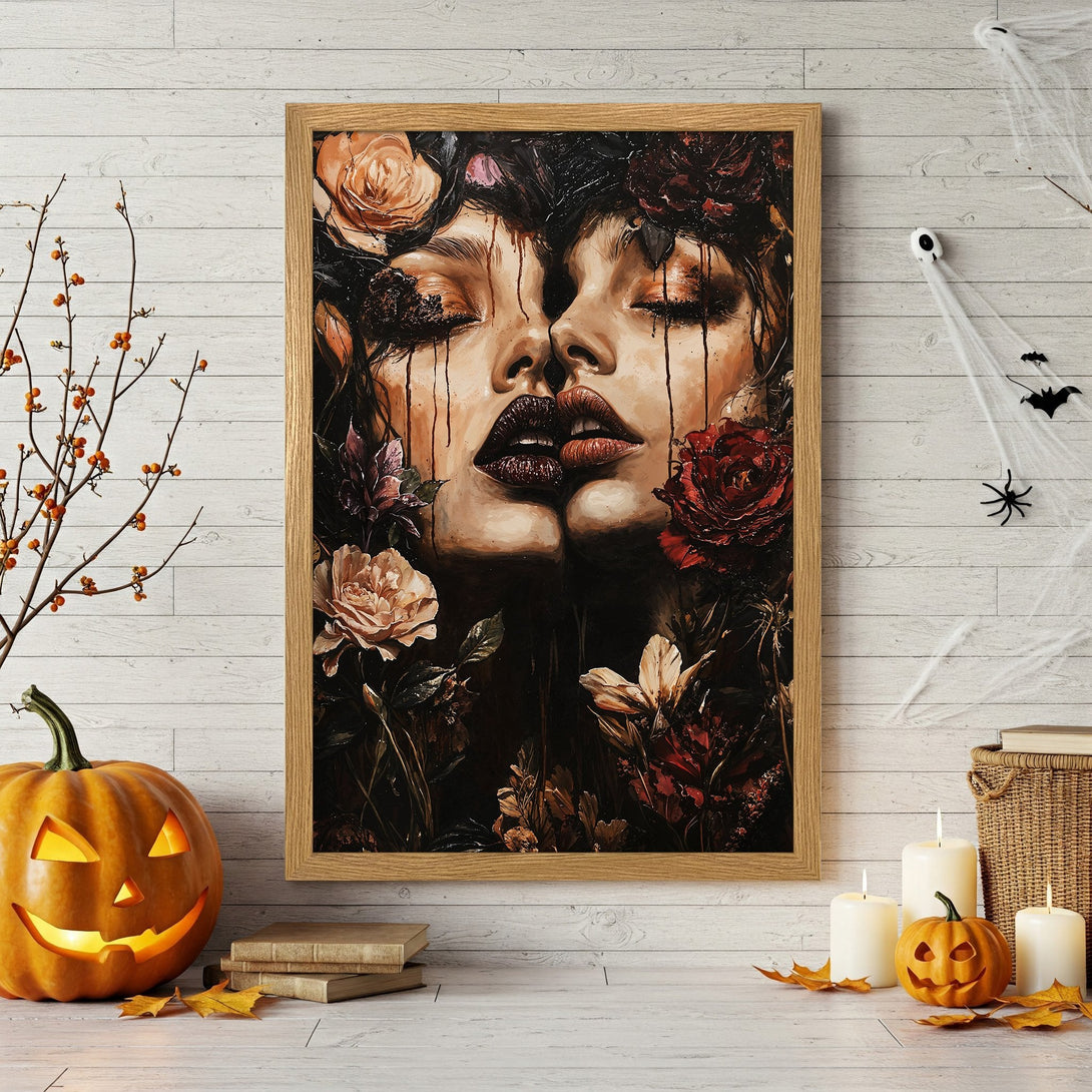 Framed Poster featuring a dark, romantic portrait with floral elements. Rich, moody color palette perfect for Halloween decor.