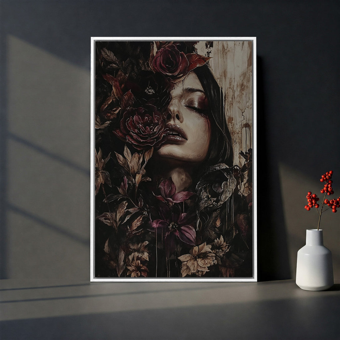 Framed Wall Art: Woman with flowers, dark & moody art print. Rich burgundy & sepia tones. Perfect for bedroom or living room decor.