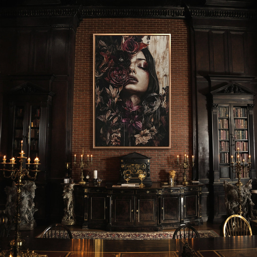 Framed Wall Art: Moody portrait of a woman with flowers, displayed in a dark, elegant interior. Rich burgundy and dark tones create a dramatic aesthetic.