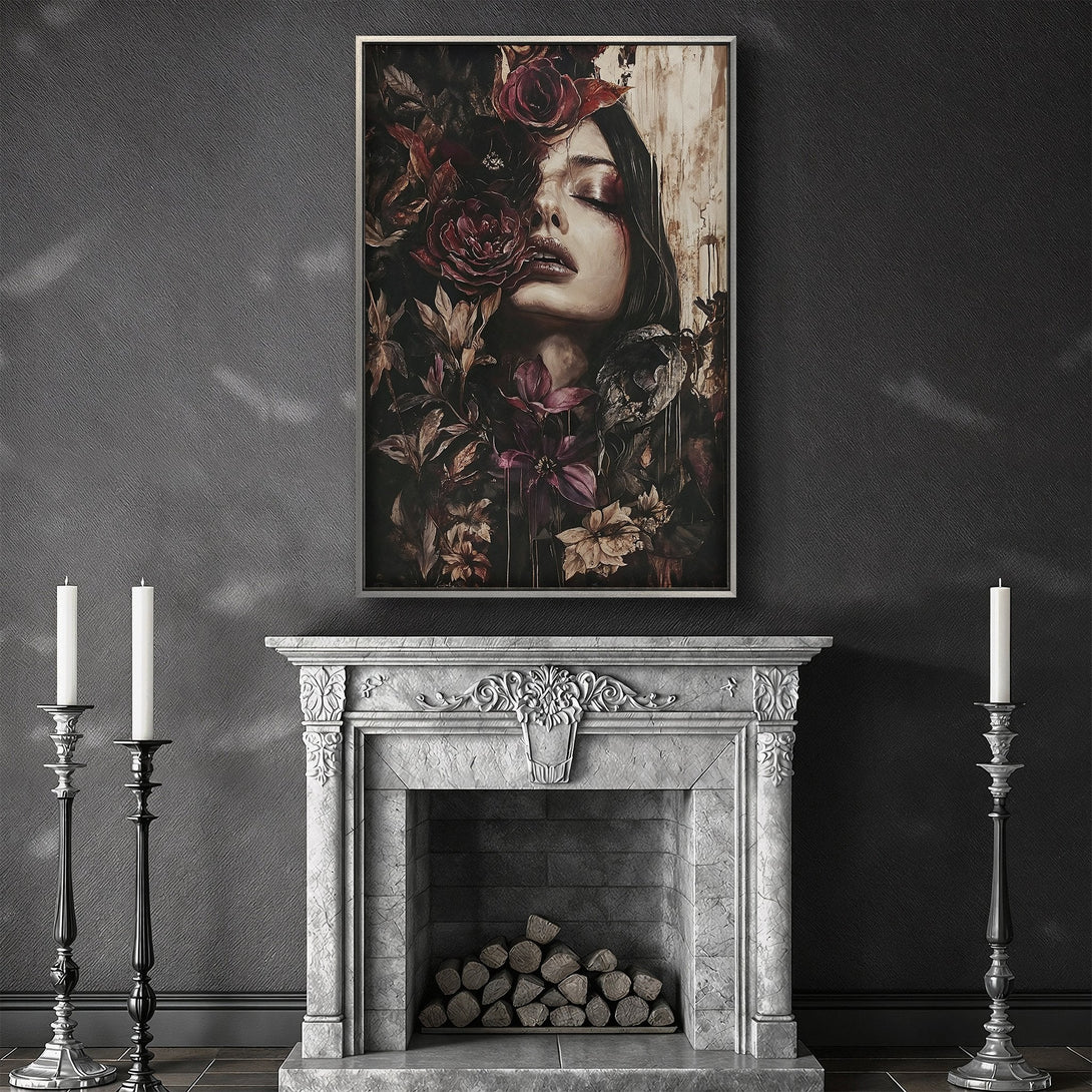 Framed Wall Art: Woman with flowers, dark and moody aesthetic, rich burgundy and deep green color palette, perfect for a dramatic interior.