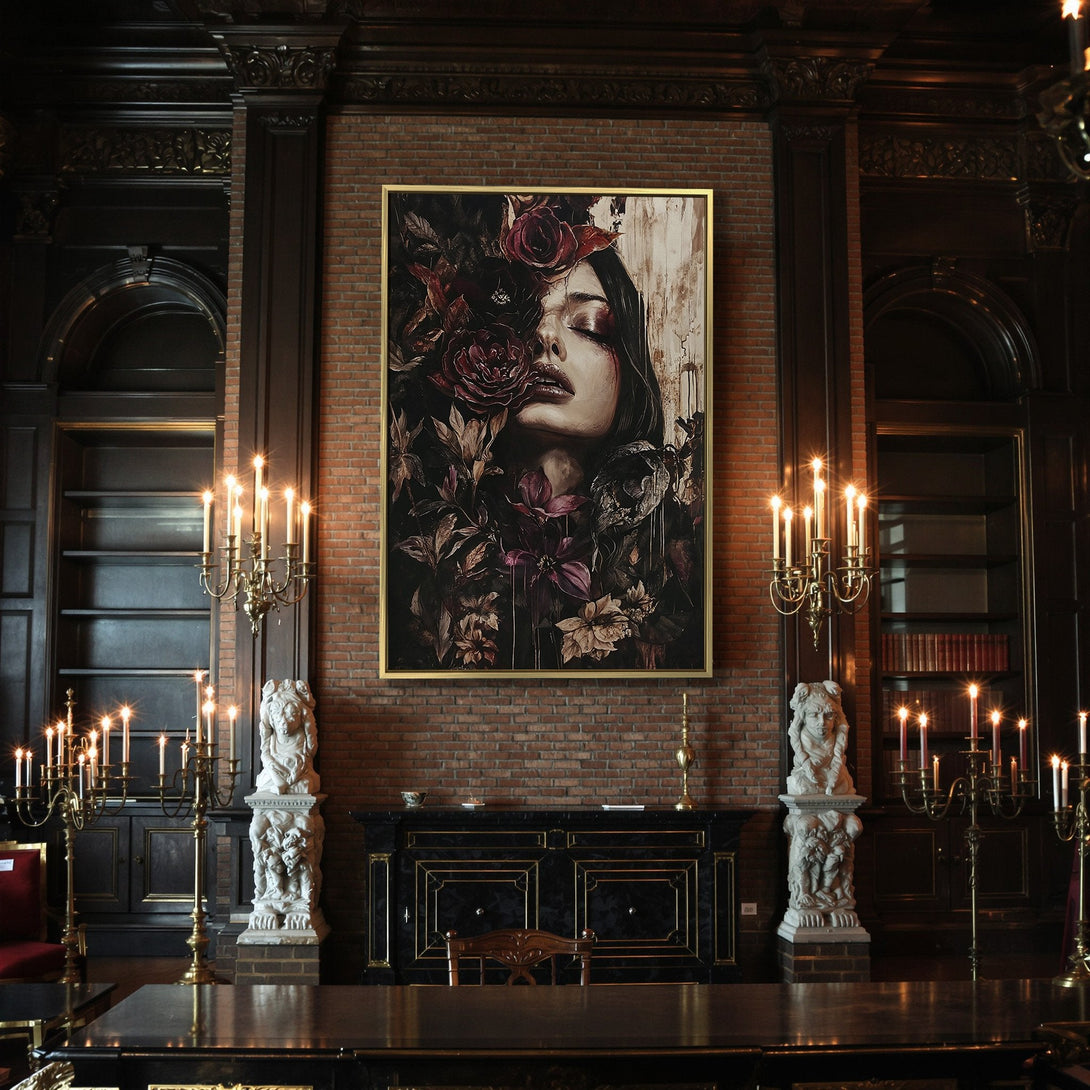 Canvas Print featuring a woman's face with roses, dark and moody style, rich burgundy and black color palette, perfect for gothic decor.