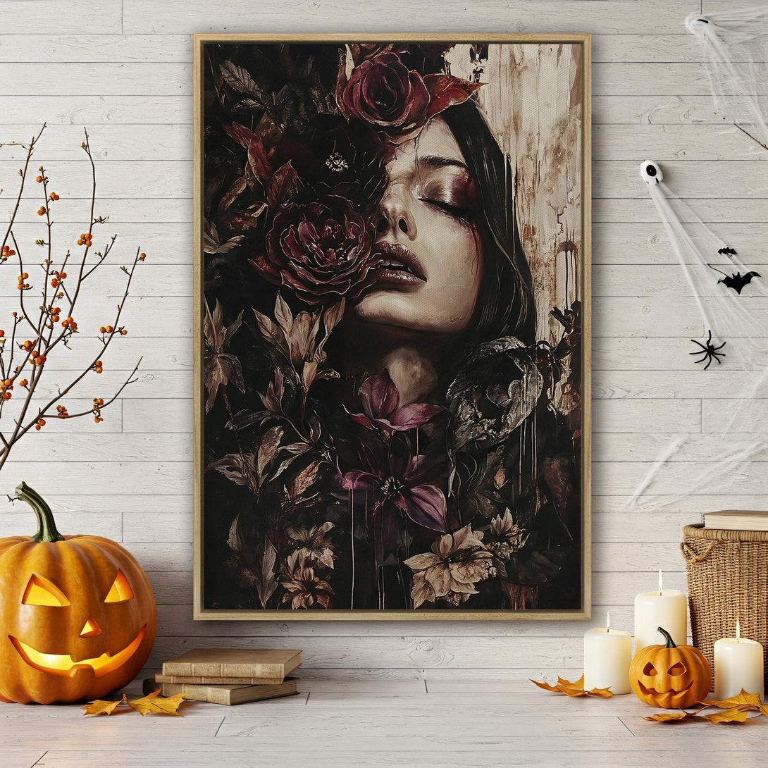 Framed Wall Art: Dark floral portrait canvas print. Moody, romantic art with a woman surrounded by burgundy and purple flowers. Perfect for Halloween decor.